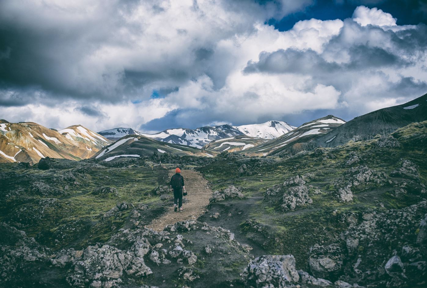 A man hiking in Landmannalaugar, a popular adventure spot in Iceland