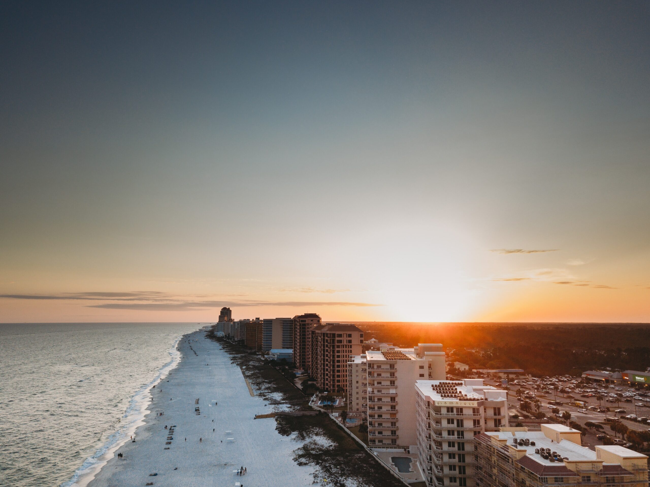 An aerial shot of Orange Beach and waterfront buildlings at Gulf Shores, Alabama