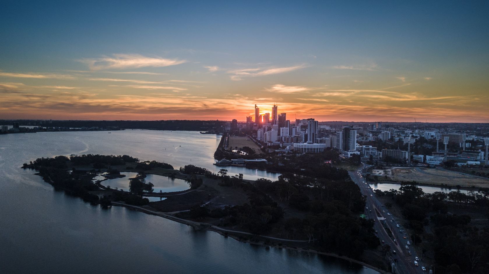 an aerial view of the sunset over Heirisson Island, a hidden gem in Perth, WA