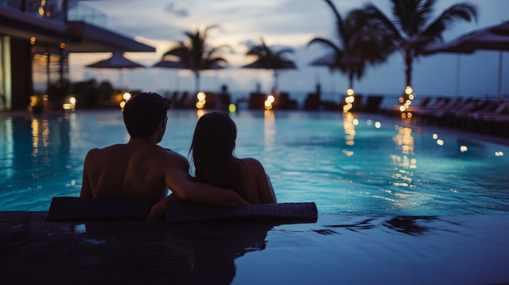 Newlywed couple lounges by the hotel pool in Deep Twilight